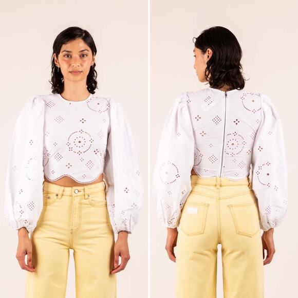 GANNI Broderie Anglaise Cropped Puff Sleeve Embroidered Eyelet Blouse White NEW - Picture 1 of 16